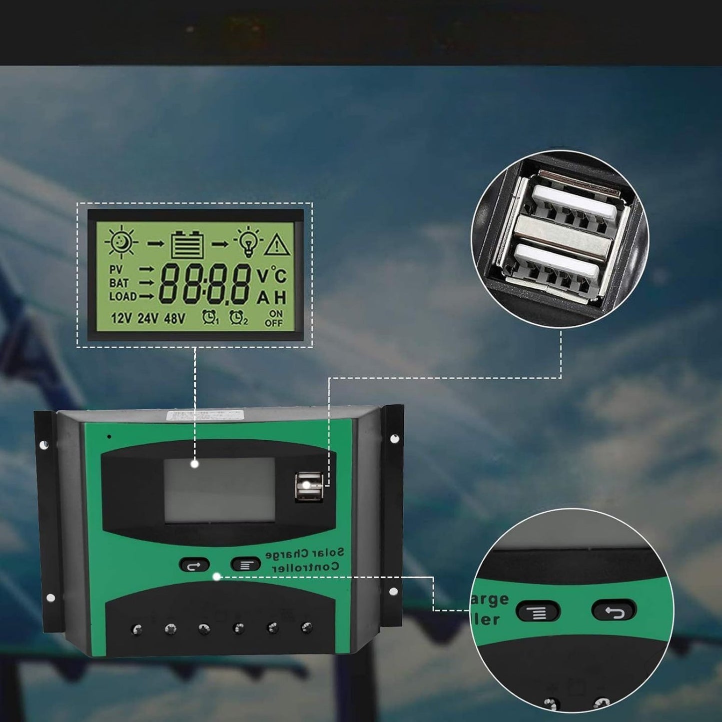Solarni Regulator Punjenja 12V/24VDC – 30A sa USB Portovima